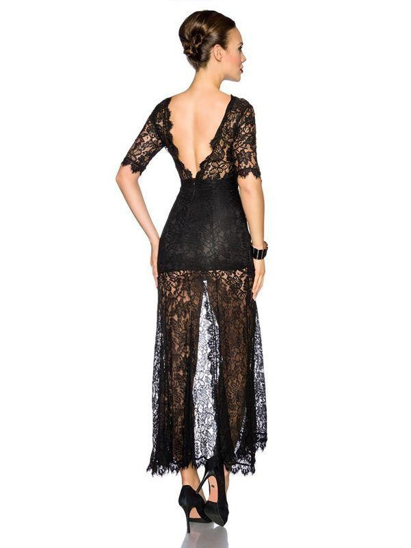 Elegant Women Maxi Dress Half Sleeve Back Deep-V Long Black Lace Dress - Sins & Temptations