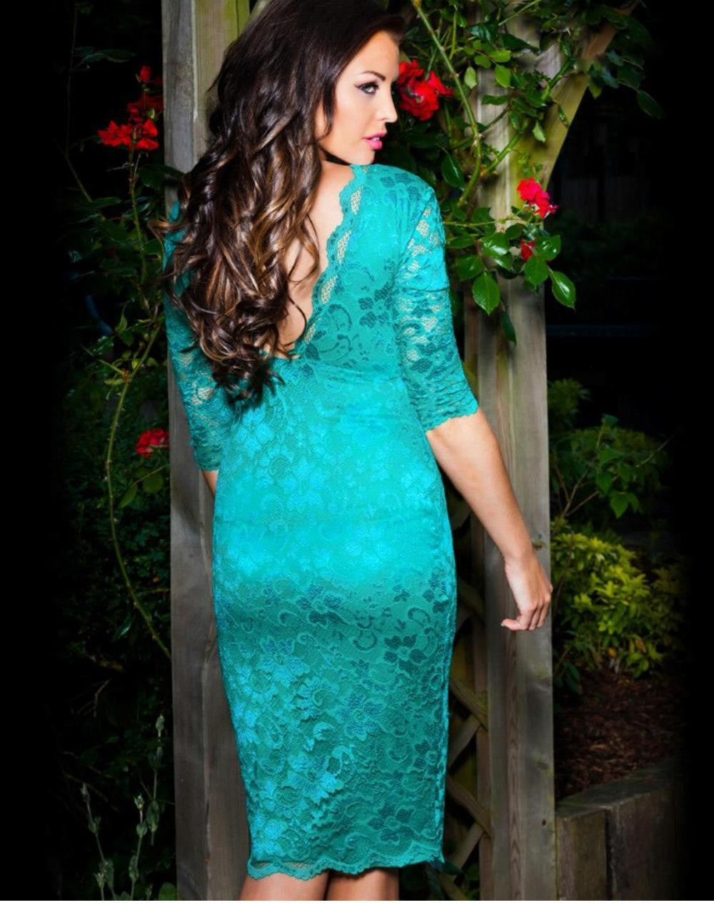 Green Sexy Floral Lace Dress Midi V-Neck Half Sleeve Clubwear - Sins & Temptations