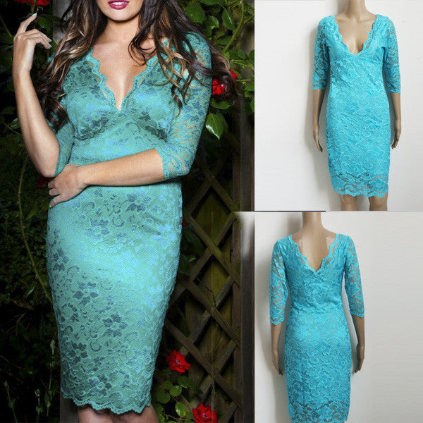 Green Sexy Floral Lace Dress Midi V-Neck Half Sleeve Clubwear - Sins & Temptations
