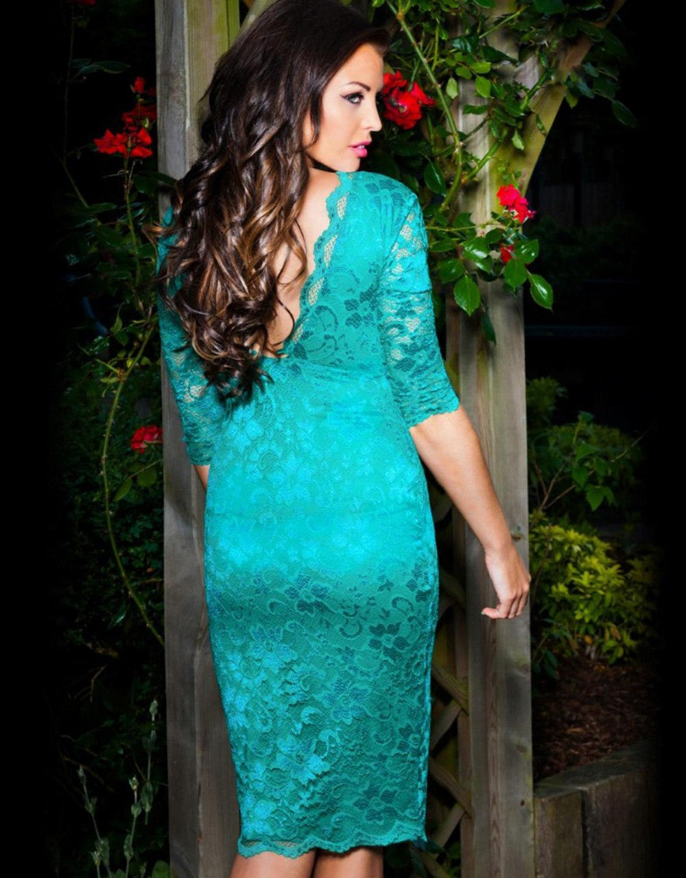 Green Sexy Floral Lace Dress Midi V-Neck Half Sleeve Clubwear - Sins & Temptations