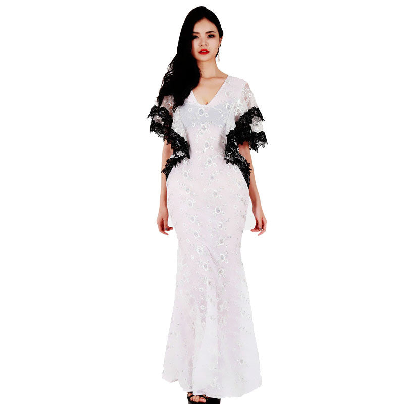 Long Lace Loose Butterfly Sleeve Club Dress Maxi Solid White Party Clubwear Robe - Sins & Temptations