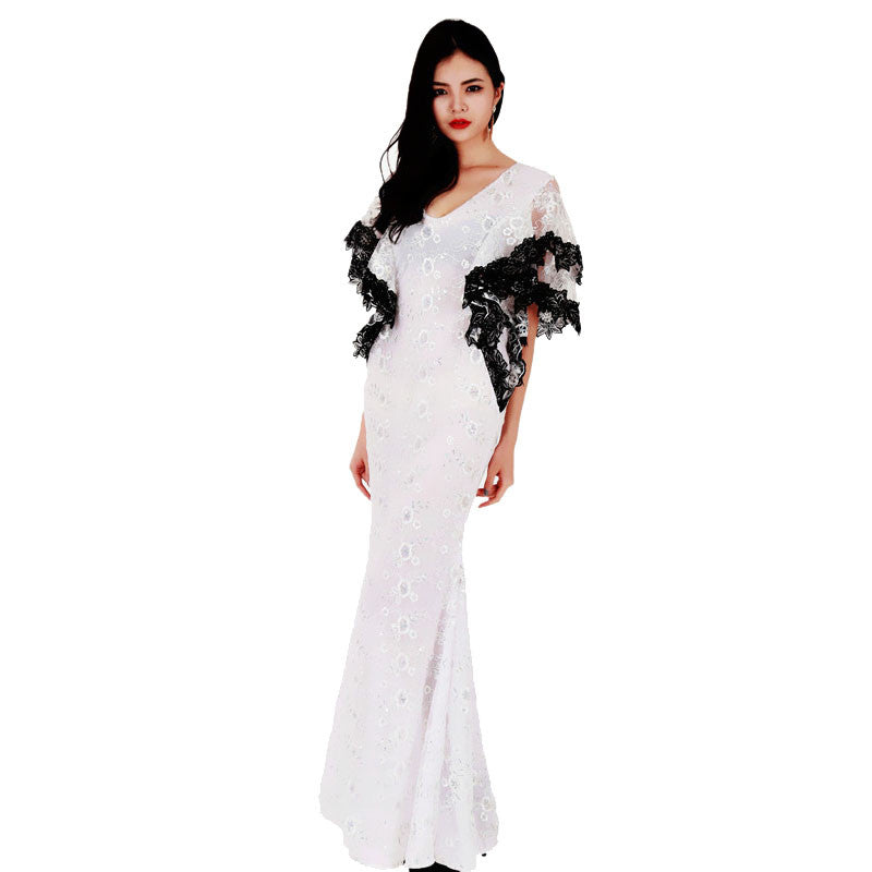 Long Lace Loose Butterfly Sleeve Club Dress Maxi Solid White Party Clubwear Robe - Sins & Temptations
