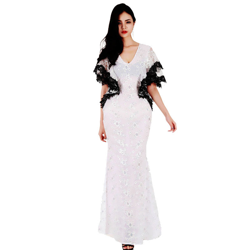 Long Lace Loose Butterfly Sleeve Club Dress Maxi Solid White Party Clubwear Robe - Sins & Temptations