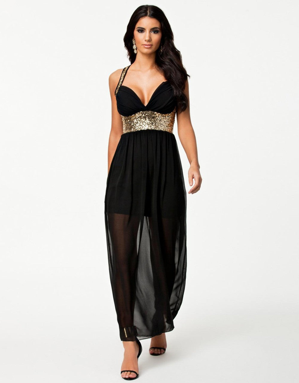 Vestidos Elegant Club Maxi Black Halter With Gold Sequin Robe Dress - Sins & Temptations