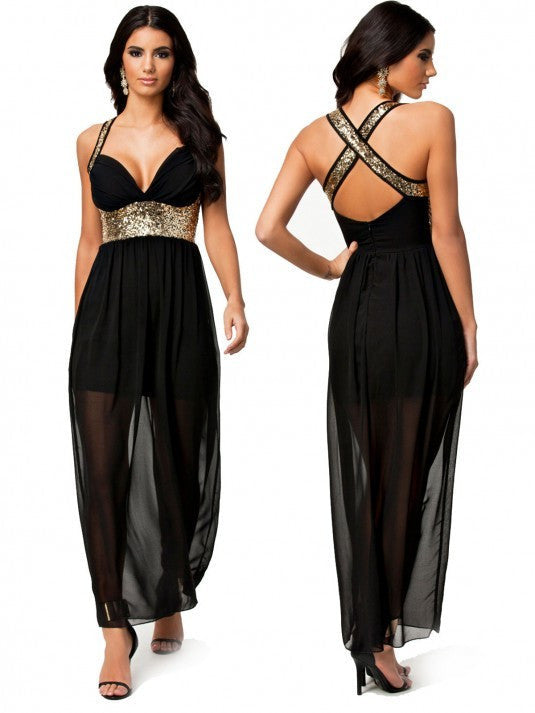 Vestidos Elegant Club Maxi Black Halter With Gold Sequin Robe Dress - Sins & Temptations