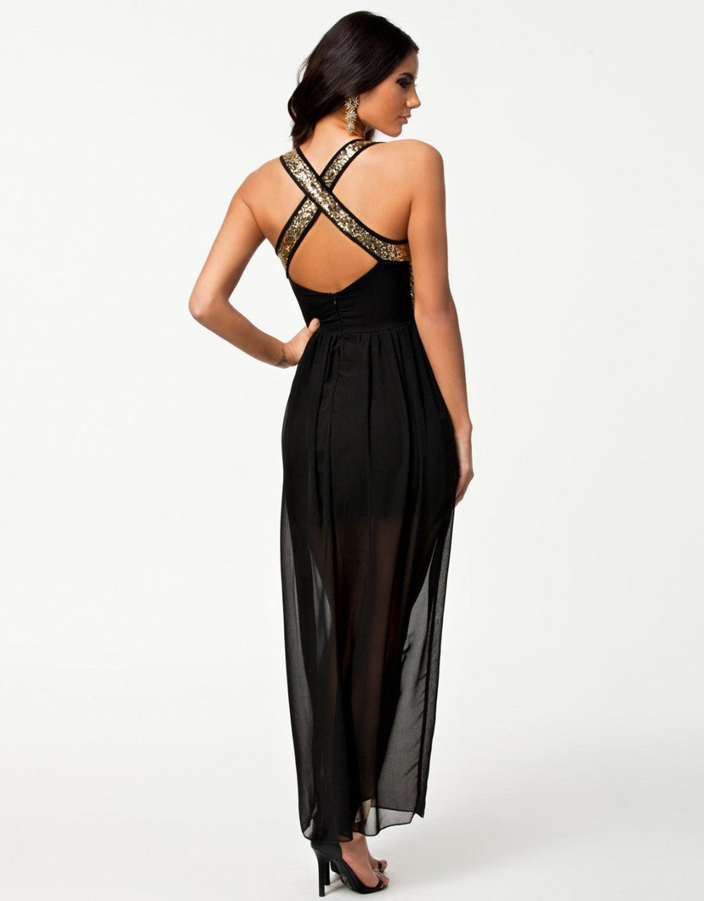 Vestidos Elegant Club Maxi Black Halter With Gold Sequin Robe Dress - Sins & Temptations