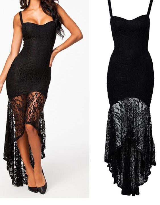 Short In Front Long Behind Spaghetti Strap Black Lace Vintage Party Dress - Sins & Temptations