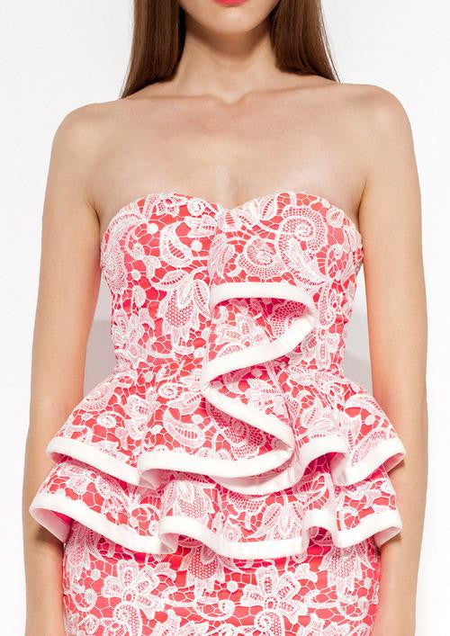 Coral and White Pencil Sexy Women Strapless Lace Midi Floral Backless Dress - Sins & Temptations