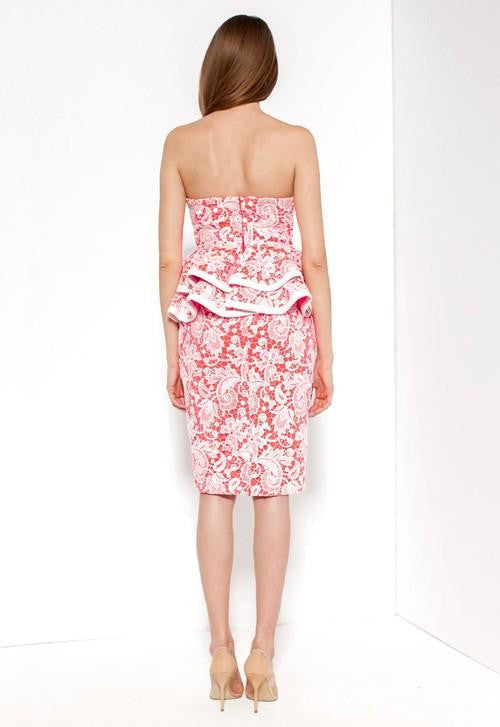 Coral and White Pencil Sexy Women Strapless Lace Midi Floral Backless Dress - Sins & Temptations
