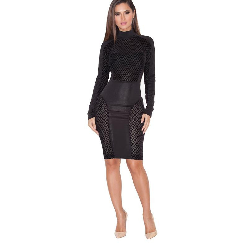 Black Elegant Vinyl Women Celebrity Patchwork Mesh Midi Clubwear - Sins & Temptations