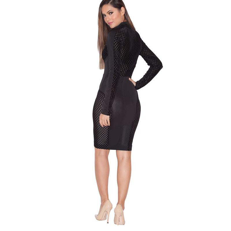 Black Elegant Vinyl Women Celebrity Patchwork Mesh Midi Clubwear - Sins & Temptations