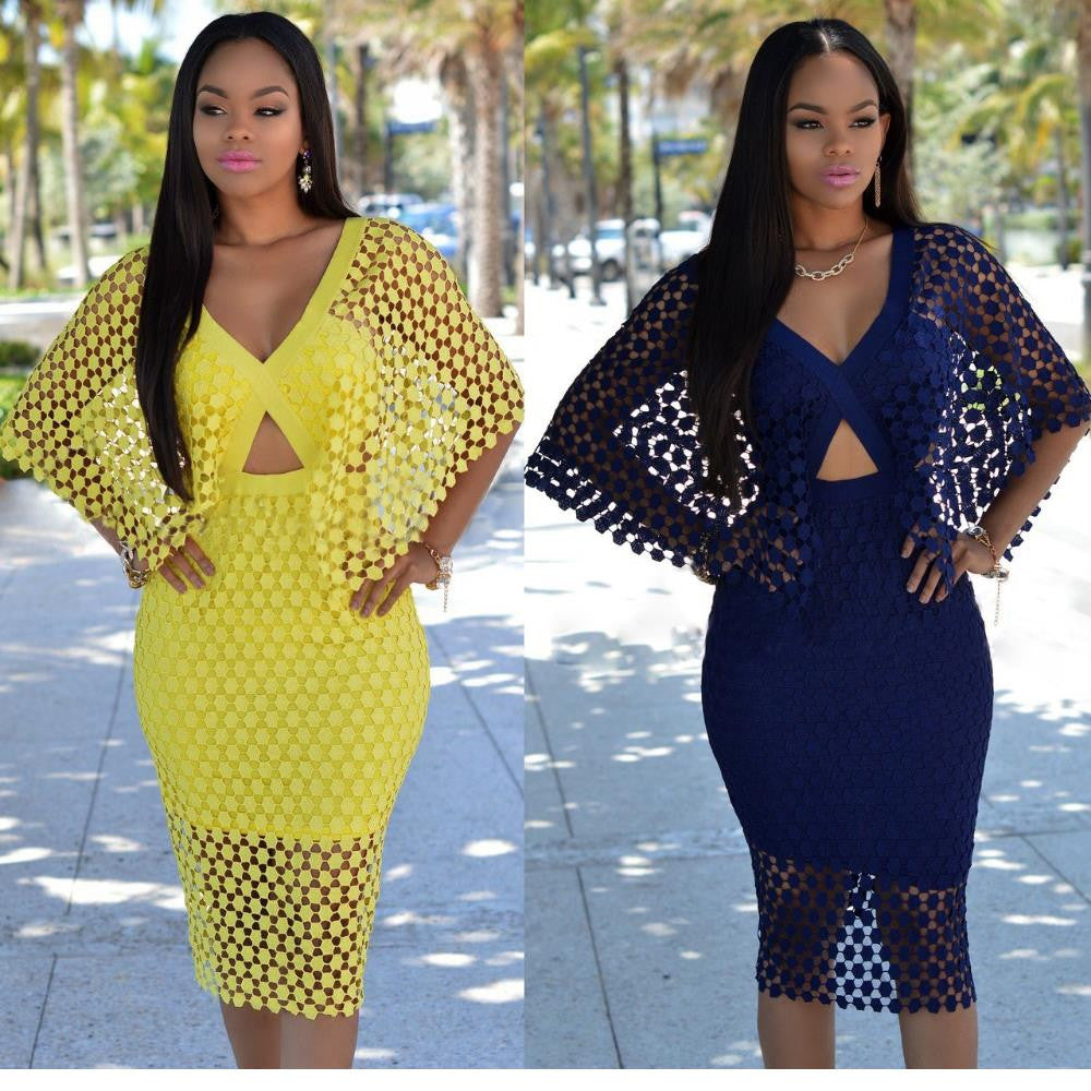 New Zippered Hollow-Out Dark Blue Yellow Lace Clubwear Dress - Sins & Temptations