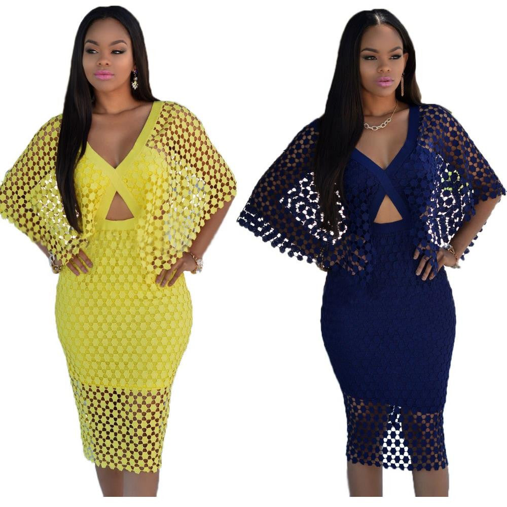 New Zippered Hollow-Out Dark Blue Yellow Lace Clubwear Dress - Sins & Temptations