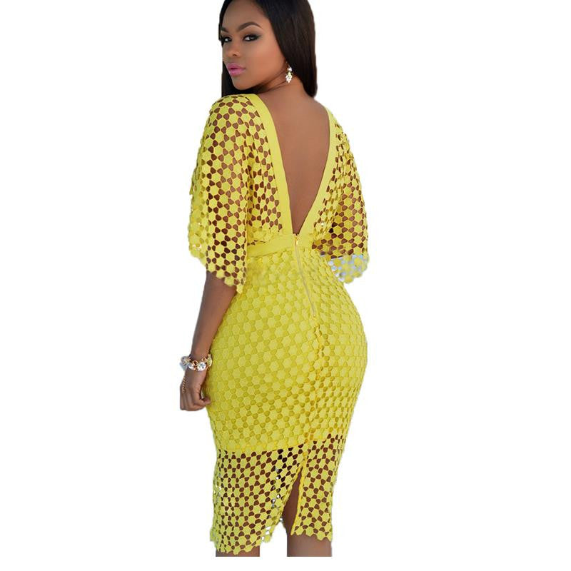 New Zippered Hollow-Out Dark Blue Yellow Lace Clubwear Dress - Sins & Temptations
