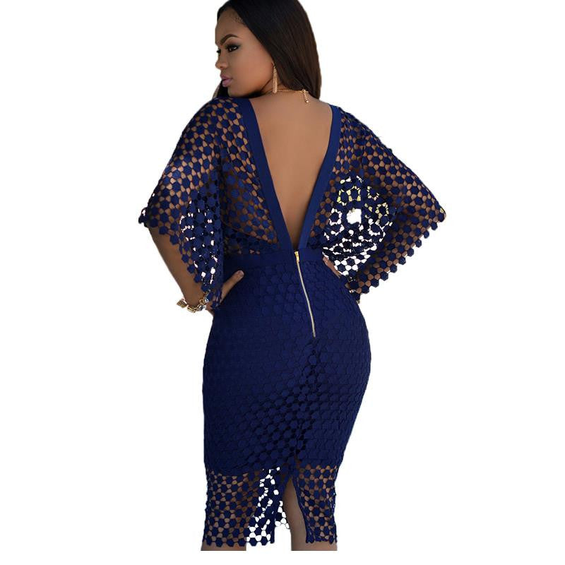 New Zippered Hollow-Out Dark Blue Yellow Lace Clubwear Dress - Sins & Temptations