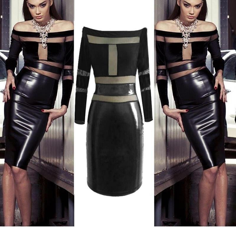 Knee Length Slash Neck Long Sleeve Vinyl Leather Dress - Sins & Temptations