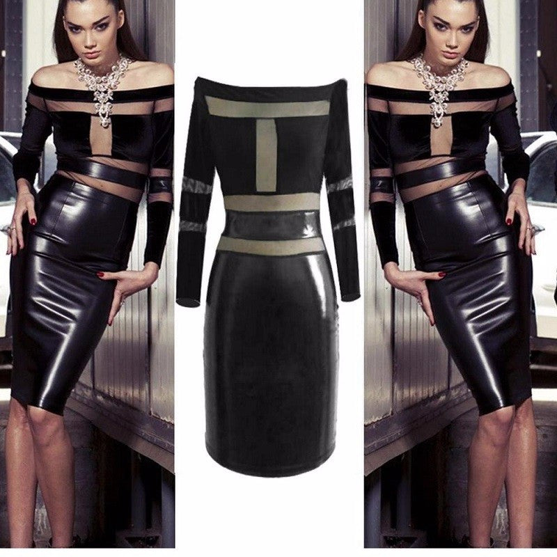 Knee Length Slash Neck Long Sleeve Vinyl Leather Dress - Sins & Temptations