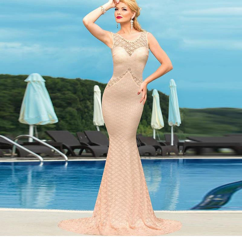 Mermaid Lace Party Womens Scoop Neck Sleeveless Embellished Backless Long Dress - Sins & Temptations