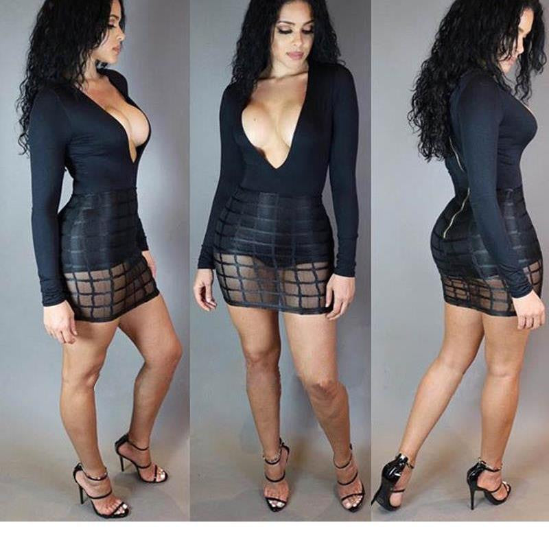 Deep V Night Club Dress, Hip Long Sleeve Mini Clubwear Dress - Sins & Temptations