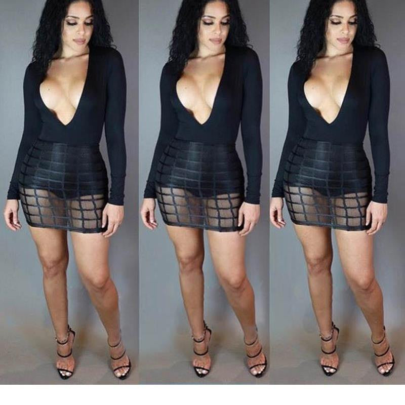 Deep V Night Club Dress, Hip Long Sleeve Mini Clubwear Dress - Sins & Temptations