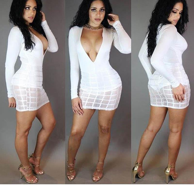 Deep V Night Club Dress, Hip Long Sleeve Mini Clubwear Dress - Sins & Temptations