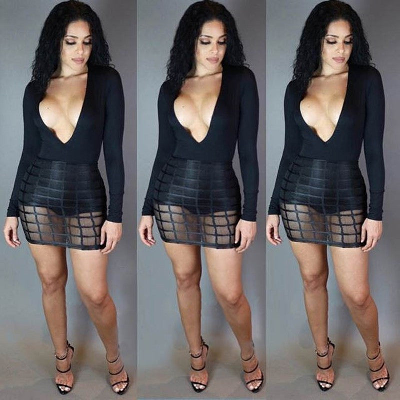 Deep V Night Club Dress, Hip Long Sleeve Mini Clubwear Dress - Sins & Temptations