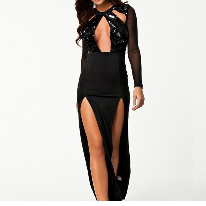 Sexy Elegant Black Long Sleeve Sequin Robe Dress - Sins & Temptations