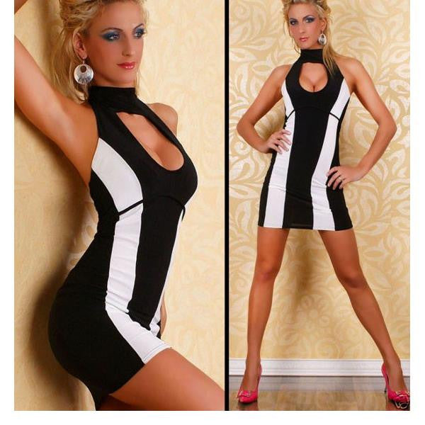Black And White Patckwork Mini Short Halter Dress - Sins & Temptations