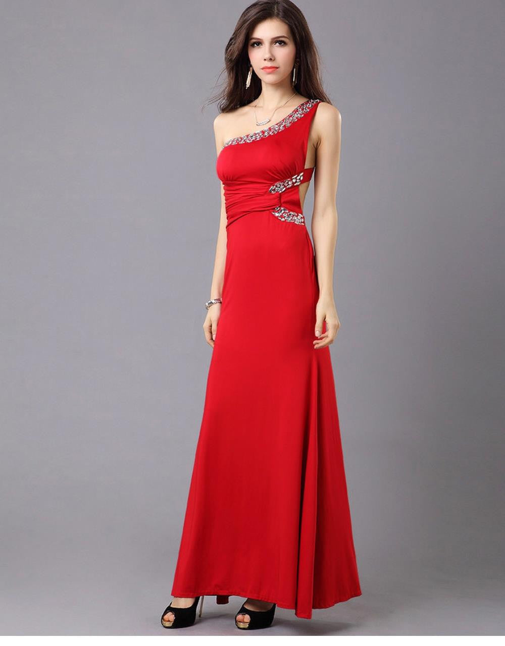 One Shoulder Long Dress Red Sequin Robe - Sins & Temptations