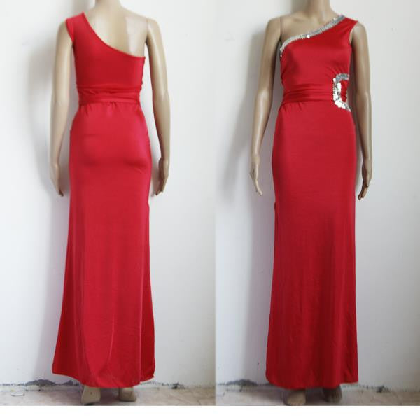 One Shoulder Long Dress Red Sequin Robe - Sins & Temptations