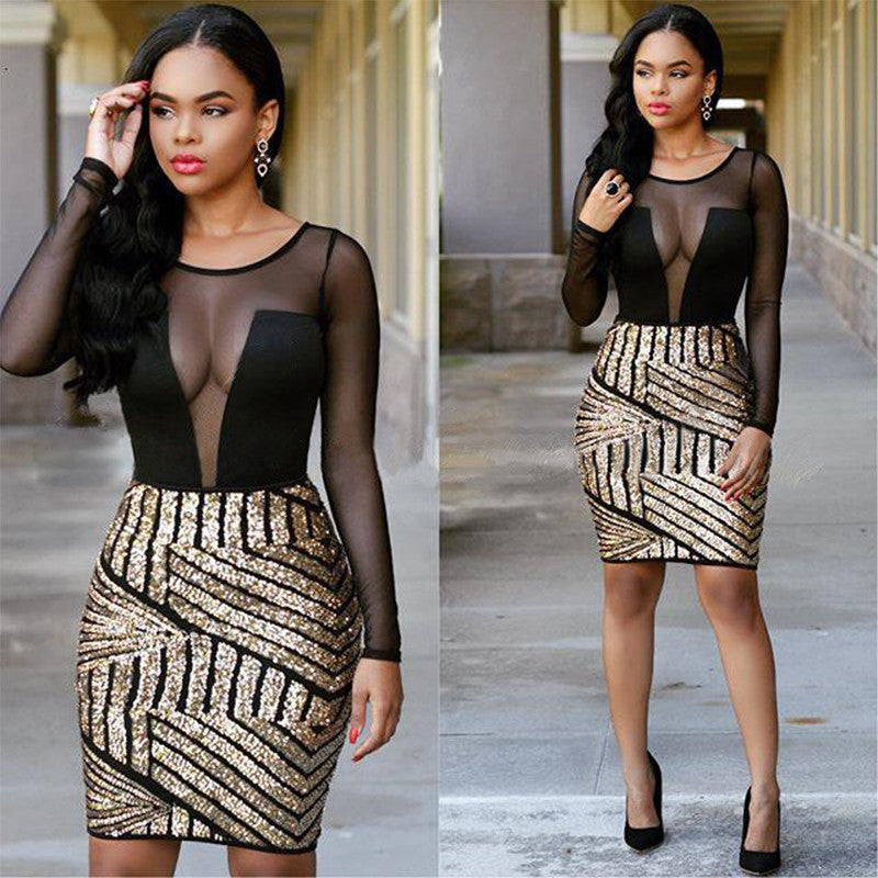 Mini Black Gold Sequined Mini Mesh Club Dress Robe - Sins & Temptations