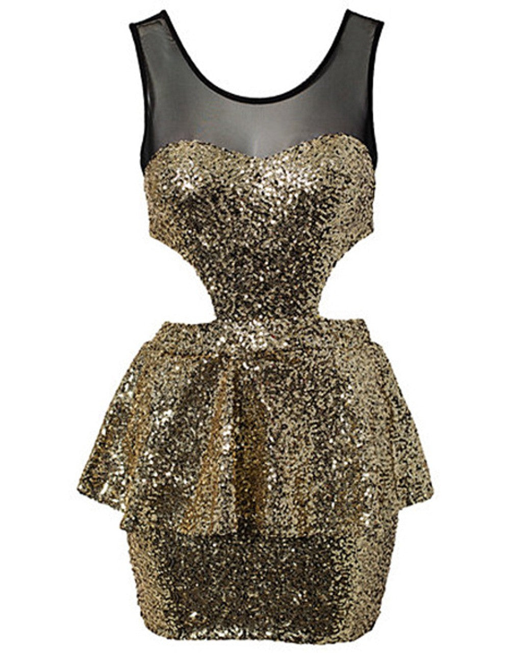 Womens Gold Shiny Club Mesh Short Peplum Dress - Sins & Temptations