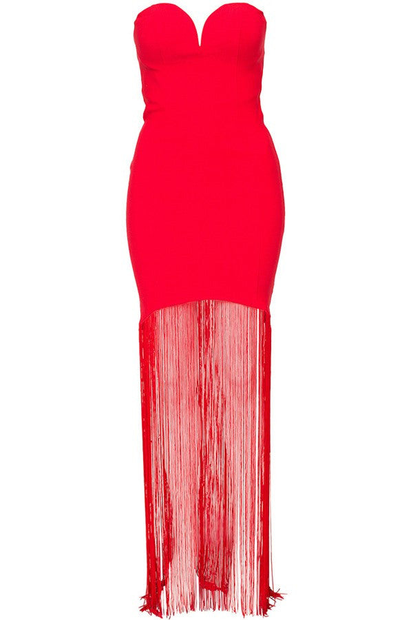 Red Strapless Tassel Hem Bodycon Club Sweetheart Maxi Long Sexy Dress - Sins & Temptations