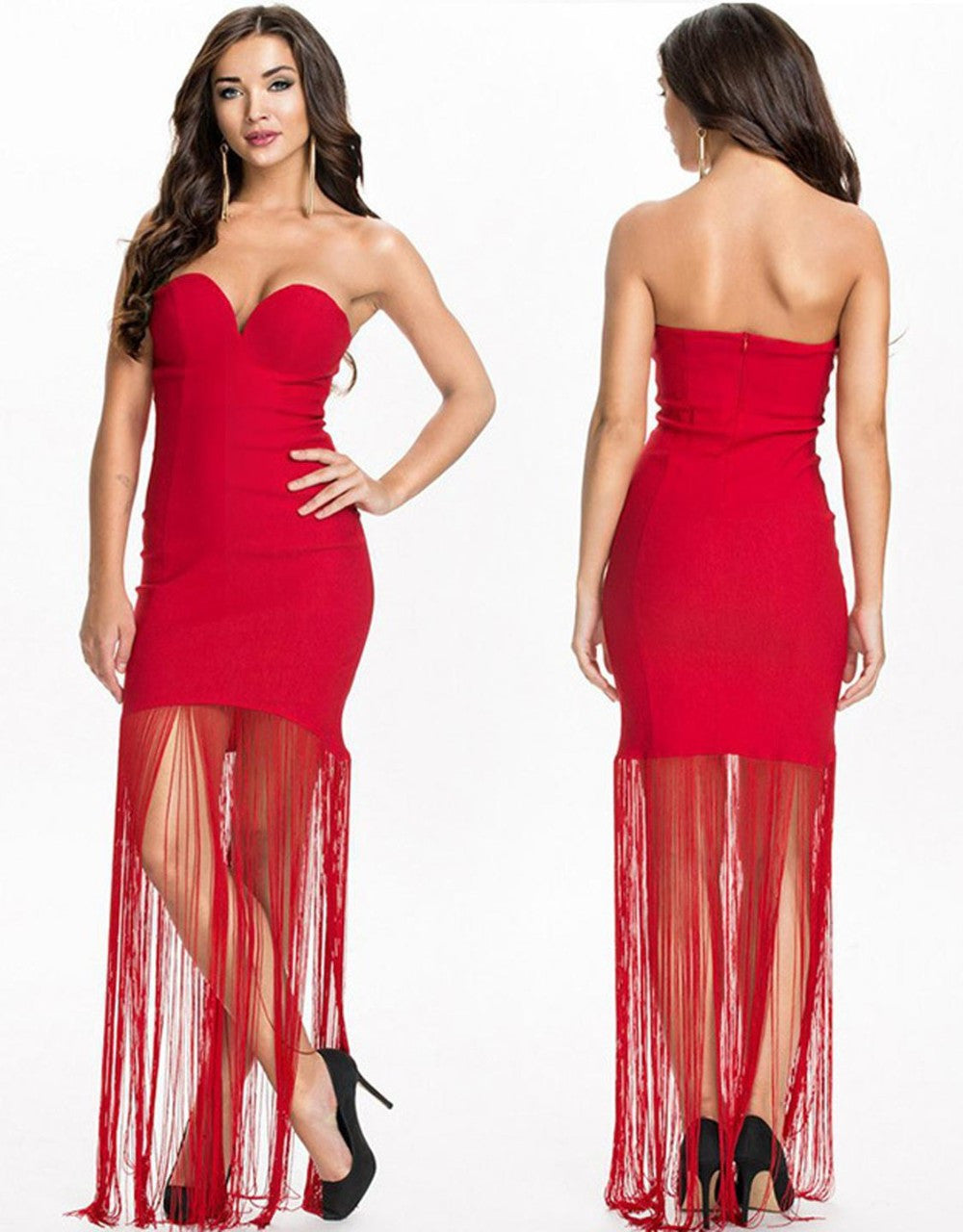 Red Strapless Tassel Hem Bodycon Club Sweetheart Maxi Long Sexy Dress - Sins & Temptations