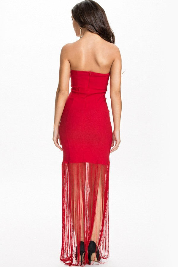 Red Strapless Tassel Hem Bodycon Club Sweetheart Maxi Long Sexy Dress - Sins & Temptations