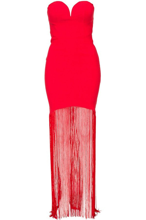 Red Strapless Tassel Hem Bodycon Club Sweetheart Maxi Long Sexy Dress - Sins & Temptations