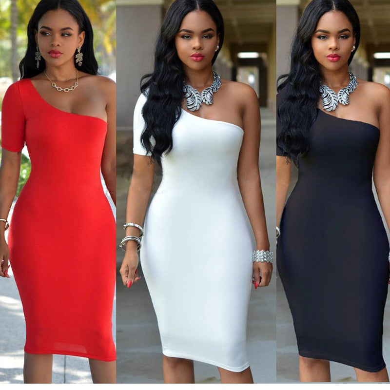 One Shoulder Backless Sleeveless Sexy Party Club Solid Midi Fashion Dress - Sins & Temptations