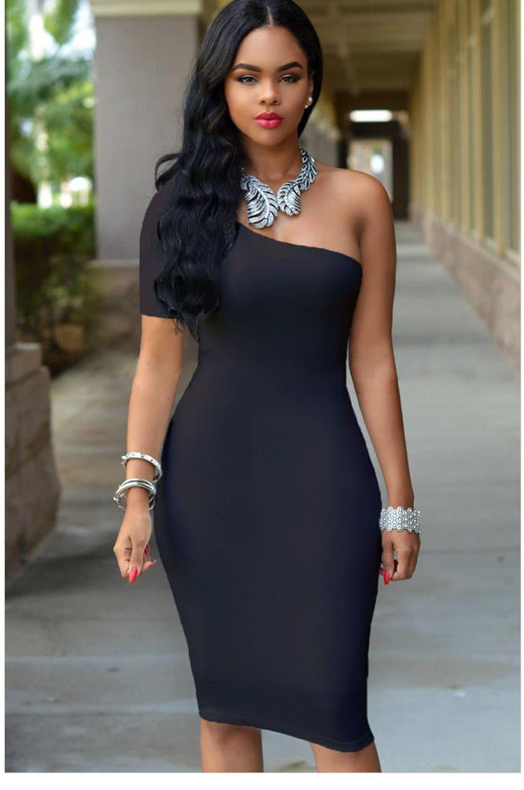 One Shoulder Backless Sleeveless Sexy Party Club Solid Midi Fashion Dress - Sins & Temptations