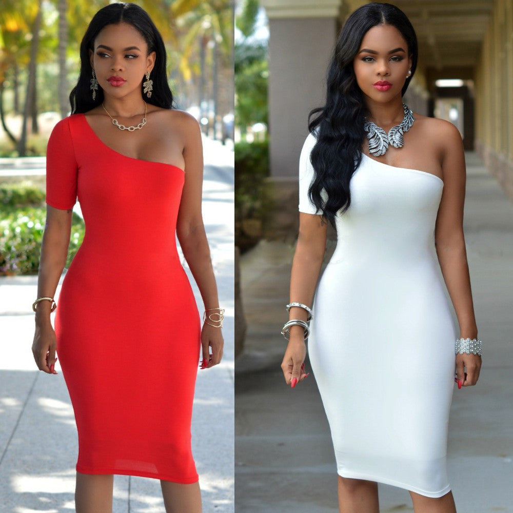 One Shoulder Backless Sleeveless Sexy Party Club Solid Midi Fashion Dress - Sins & Temptations