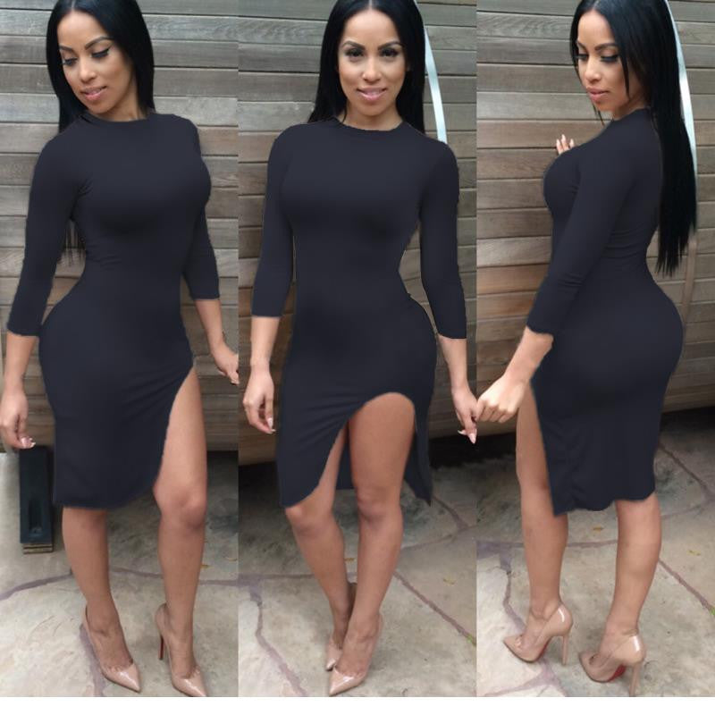 Midi Round Neck Long Sleeve Solid Women Robe Dress - Sins & Temptations
