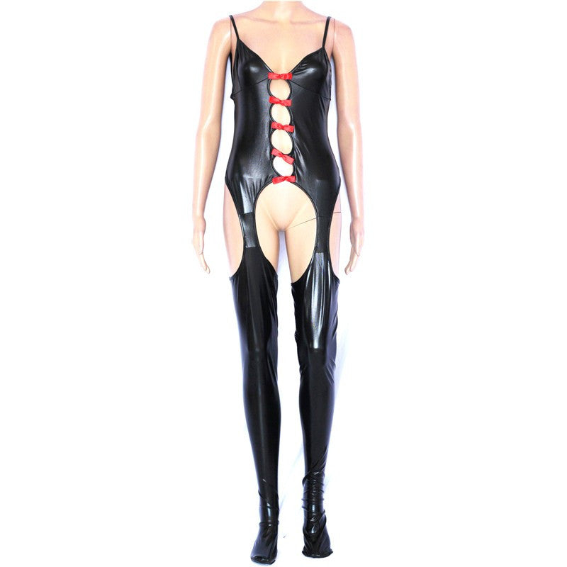Faux Leather Hollow Out Romper Catsuit Overall Wetlook Teddy Lingerie - Sins & Temptations