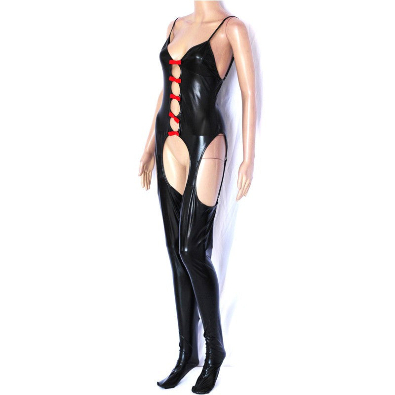 Faux Leather Hollow Out Romper Catsuit Overall Wetlook Teddy Lingerie - Sins & Temptations