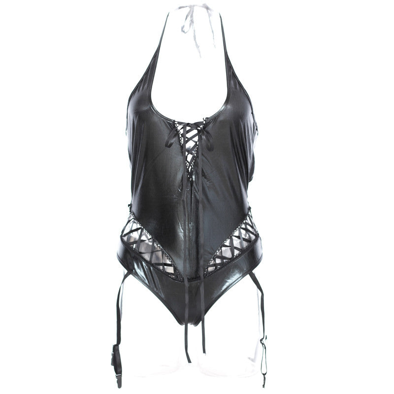 Black Sexy Vinyl Teddy Halter Lingerie - Sins & Temptations