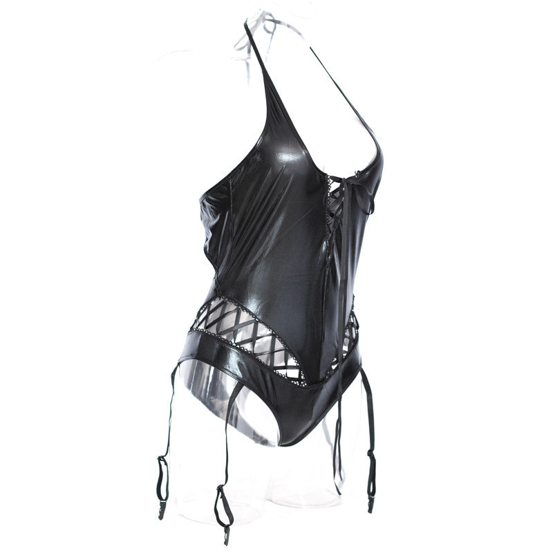 Black Sexy Vinyl Teddy Halter Lingerie - Sins & Temptations