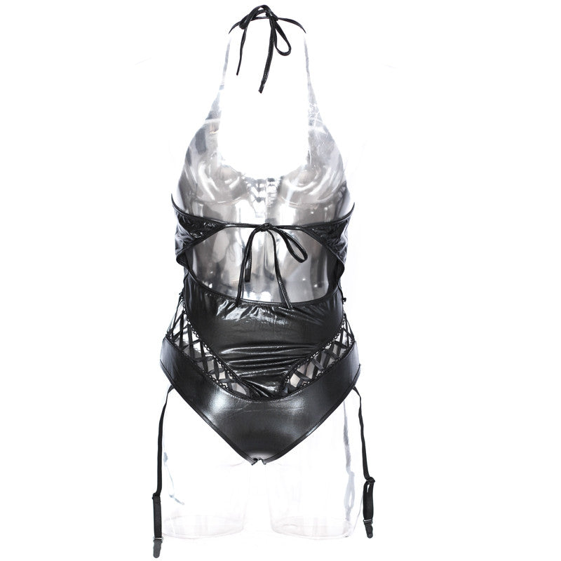 Black Sexy Vinyl Teddy Halter Lingerie - Sins & Temptations