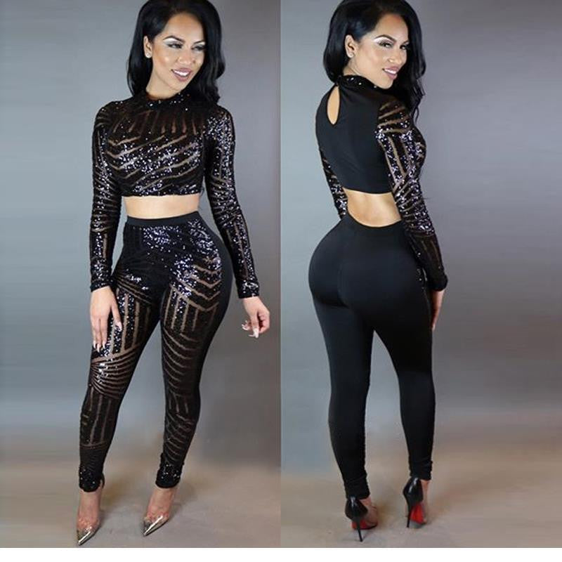 Sexy Two pieces Set Sequined Jumpsuit Women Crop Tops Jumpuit - Sins & Temptations