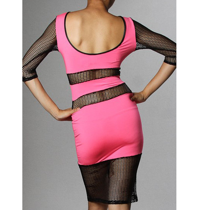 New Fashion Sleeveless Pink Net Midi Patchwork Robe Clubwear - Sins & Temptations