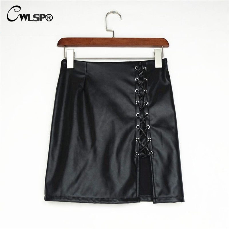 Black Lace Up PU Leather Skirts Side Slit Pencil Skirts High Waist Bodycon Mini Skirt - Sins & Temptations