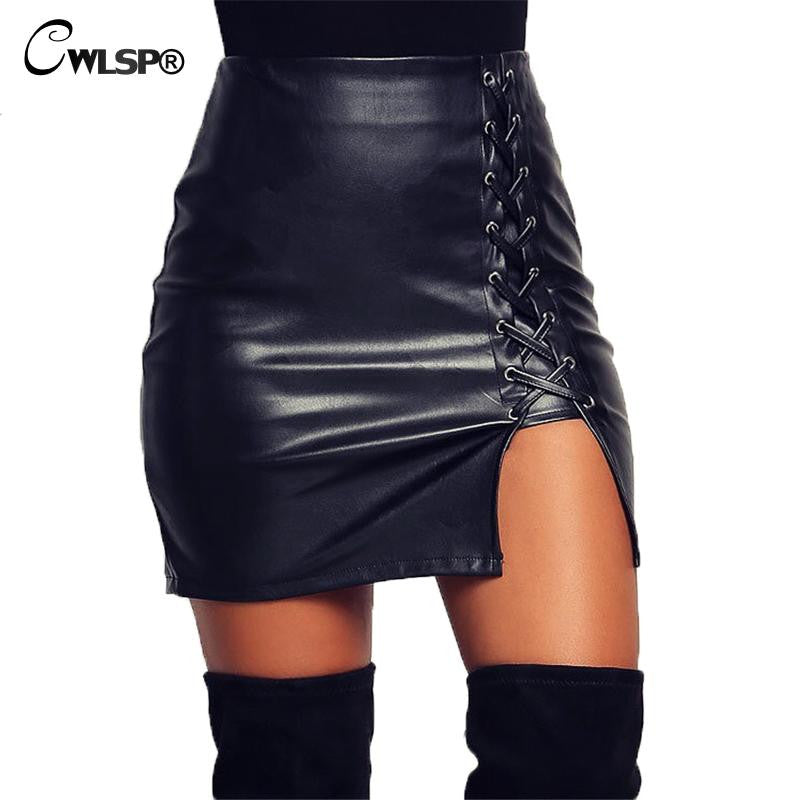 Black Lace Up PU Leather Skirts Side Slit Pencil Skirts High Waist Bodycon Mini Skirt - Sins & Temptations