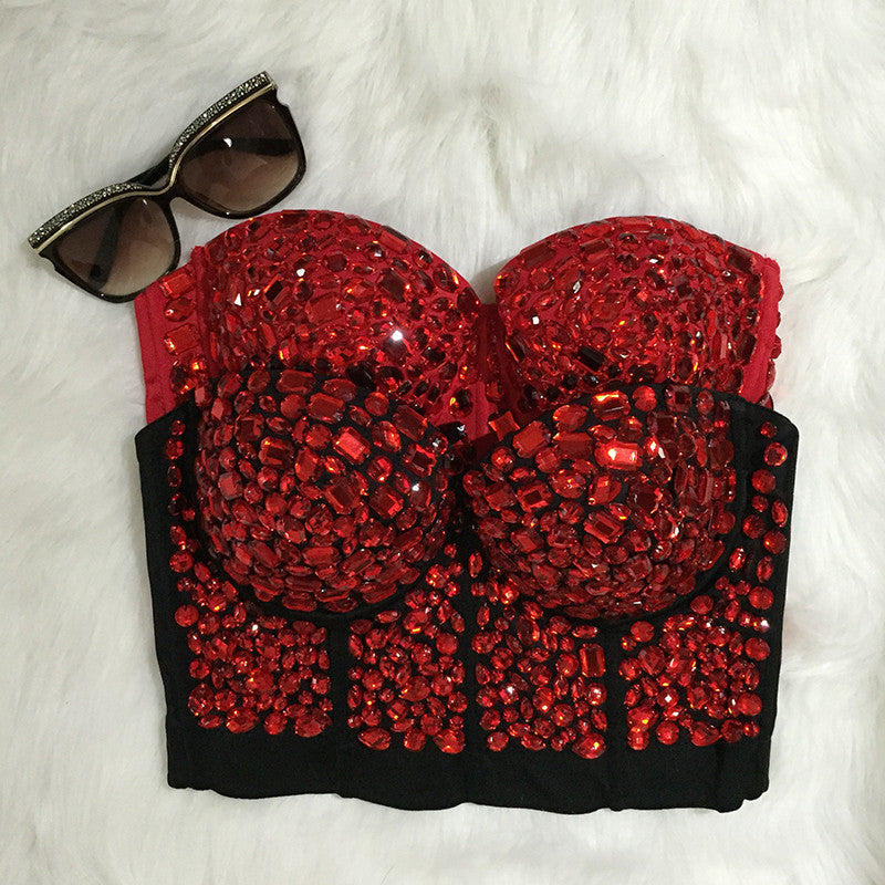 Red Rinestone Hand-made Pearls Bralet Bustier Bra Wedding Bralette - Sins & Temptations